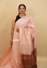 Powder Pink and Brown - Sithara - Semi Tussar saree Golden zari Checks in body with Contrast Pallu and blouse